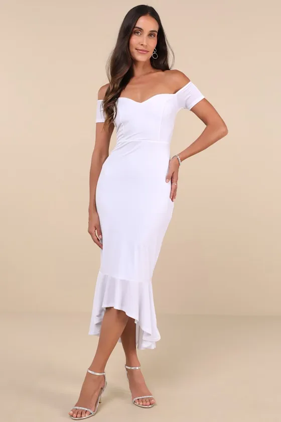 How Much I Care White Velvet Off-the-Shoulder Midi Dress sold by Lulus