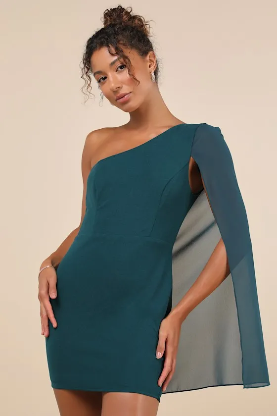 Majestic Energy Teal Green Cape Sleeve One-Shoulder Mini Dress sold by Lulus