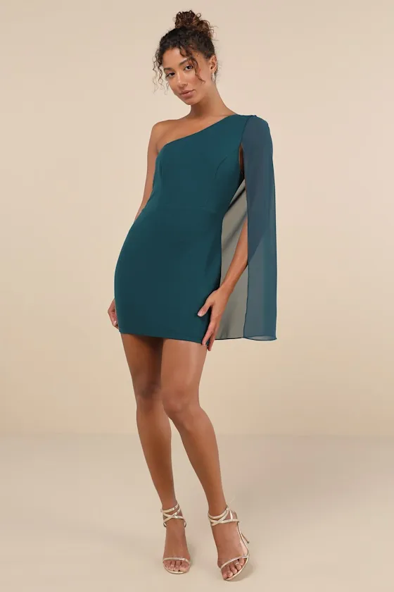 Majestic Energy Teal Green Cape Sleeve One-Shoulder Mini Dress sold by Lulus product image thumbnail 3