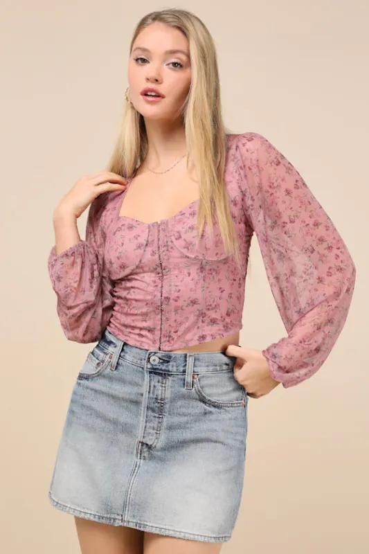 Feeling So Cute Mauve Floral Mesh Balloon Sleeve Crop Top sold by Lulus