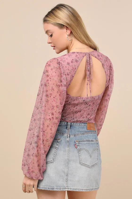 Feeling So Cute Mauve Floral Mesh Balloon Sleeve Crop Top sold by Lulus product image thumbnail 2