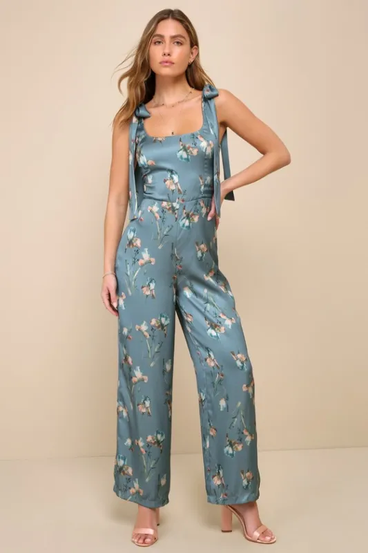 Gorgeous Stance Teal Green Floral Satin Wide-Leg Jumpsuit sold by Lulus