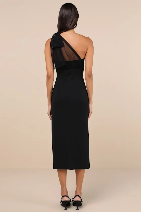 Elegant Indication Black Mesh Pearl One-Shoulder Midi Dress sold by Lulus product image thumbnail 2