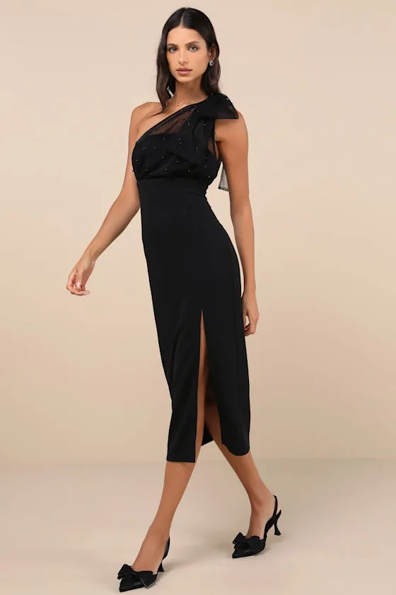 Elegant Indication Black Mesh Pearl One-Shoulder Midi Dress sold by Lulus product image thumbnail 4