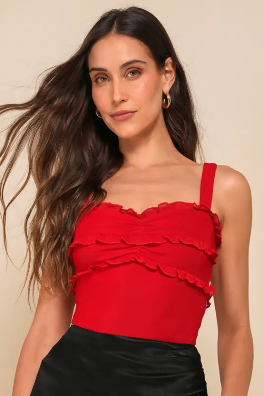 Essentially Iconic Red Mesh Ruffled Sleeveless Bodysuit sold by Lulus