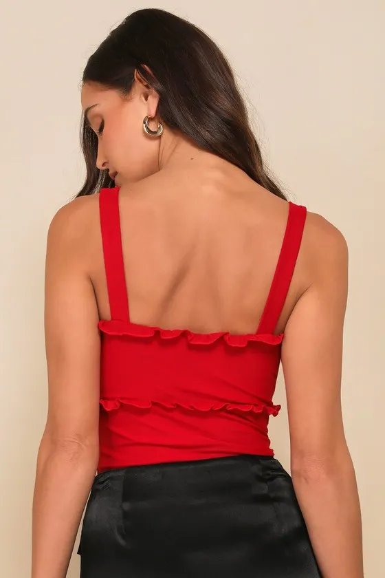 Essentially Iconic Red Mesh Ruffled Sleeveless Bodysuit sold by Lulus product image thumbnail 2