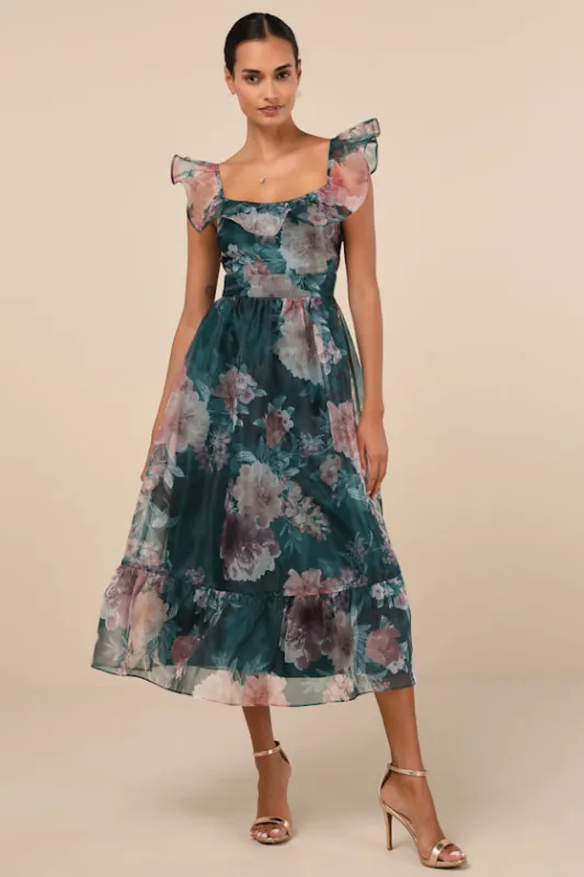 Sweet Composure Green Floral Organza Off-the-Shoulder Midi Dress sold by Lulus