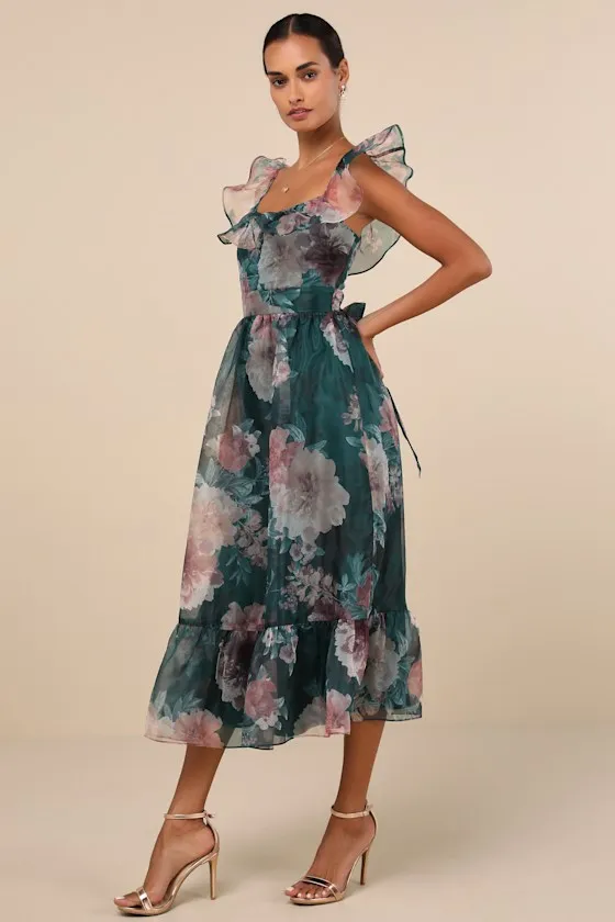 Sweet Composure Green Floral Organza Off-the-Shoulder Midi Dress sold by Lulus product image thumbnail 2