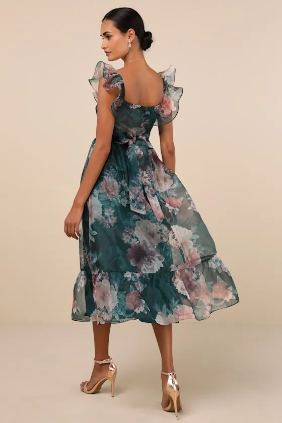 Sweet Composure Green Floral Organza Off-the-Shoulder Midi Dress sold by Lulus product image thumbnail 3