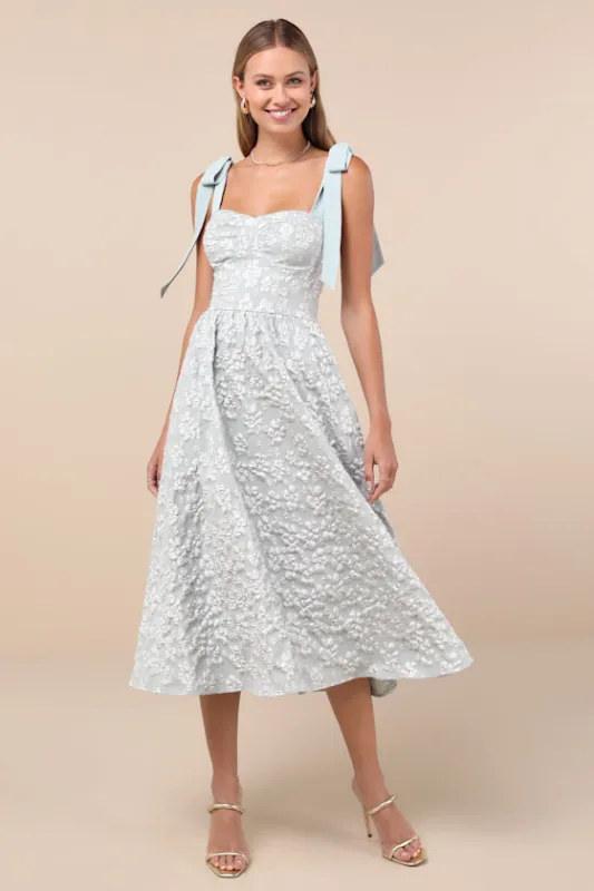 Bubbly Bliss Sage Green Jacquard Bustier Tie-Strap Midi Dress sold by Lulus