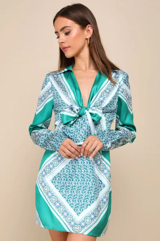 Traveling Spirit Green Satin Scarf Print Tie-Front Mini Dress sold by Lulus