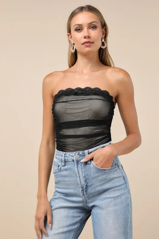 Flirty Excellence Black Mesh Lace Ruched Strapless Top sold by Lulus