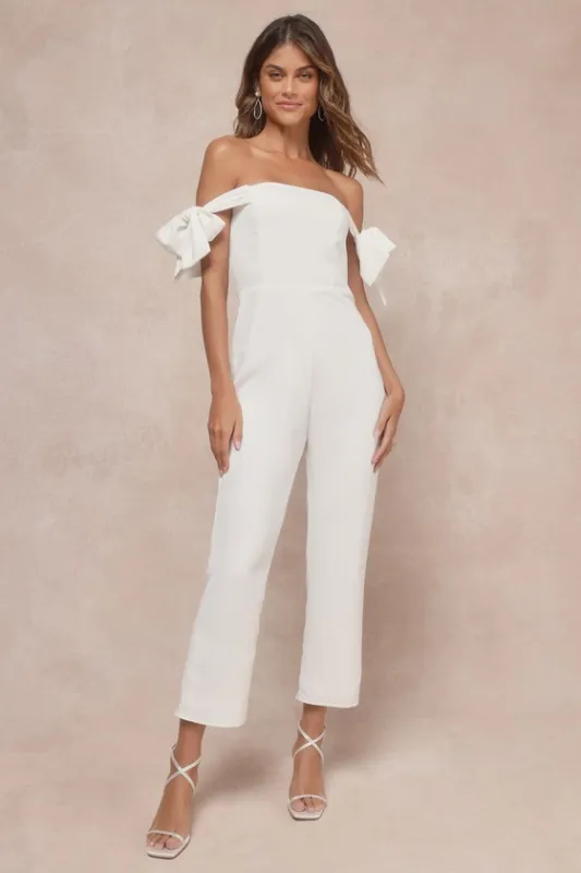 Luxe Behavior White Off-the-Shoulder Tie-Strap Cropped Jumpsuit sold by Lulus