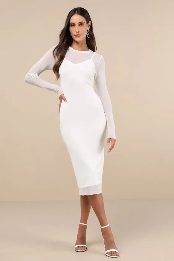 Perfect Plans Ivory Sheer Mesh Long Sleeve Bodycon Midi Dress sold by Lulus