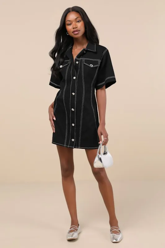 Modern Excellence Black Twill Button-Up Short Sleeve Mini Dress sold by Lulus