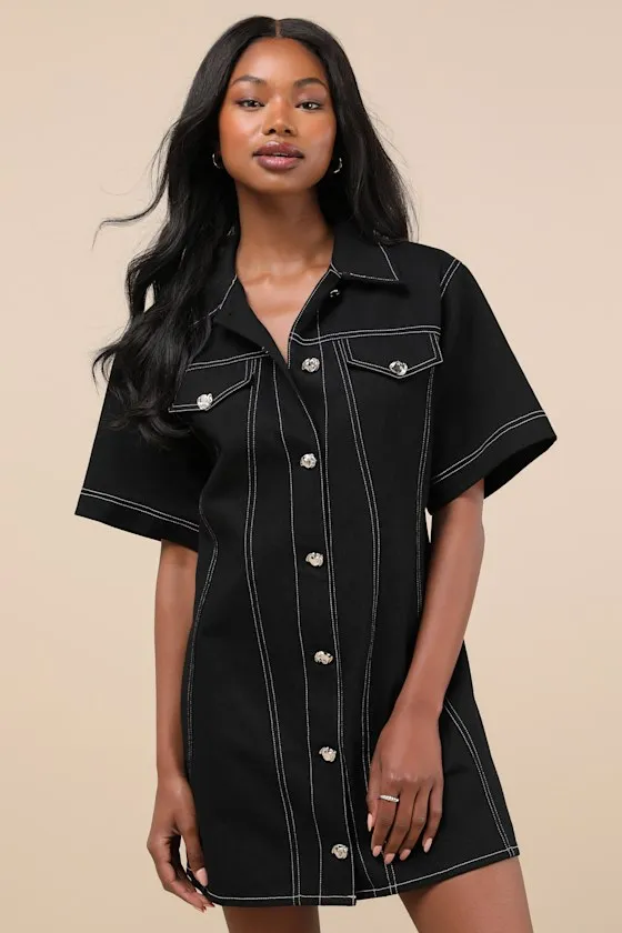 Modern Excellence Black Twill Button-Up Short Sleeve Mini Dress sold by Lulus product image thumbnail 2
