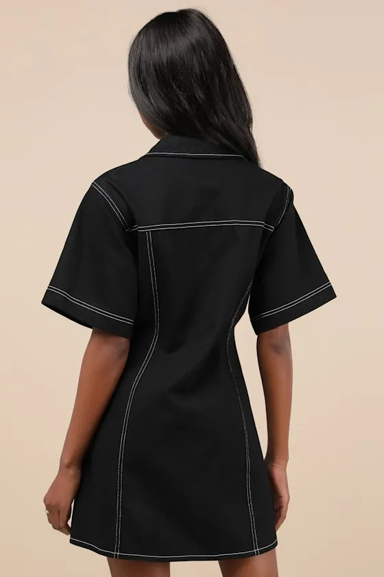 Modern Excellence Black Twill Button-Up Short Sleeve Mini Dress sold by Lulus product image thumbnail 3