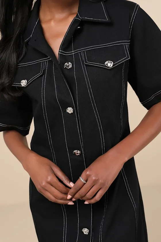 Modern Excellence Black Twill Button-Up Short Sleeve Mini Dress sold by Lulus product image thumbnail 4
