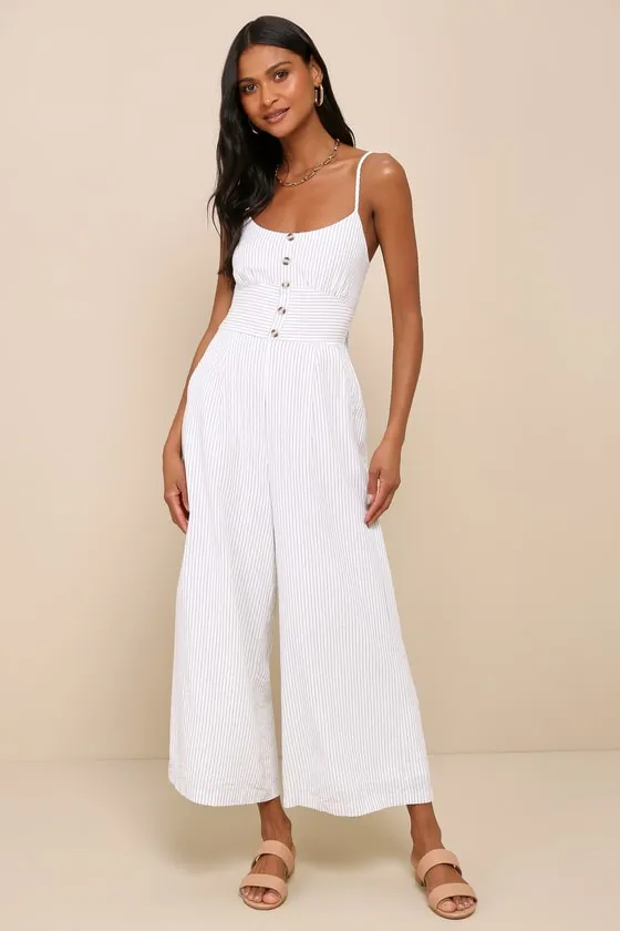 Coastal Air White Striped Tie-Back Culotte Jumpsuit sold by Lulus