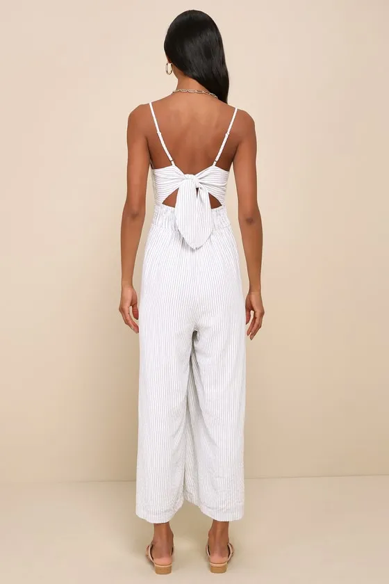 Coastal Air White Striped Tie-Back Culotte Jumpsuit sold by Lulus product image thumbnail 2