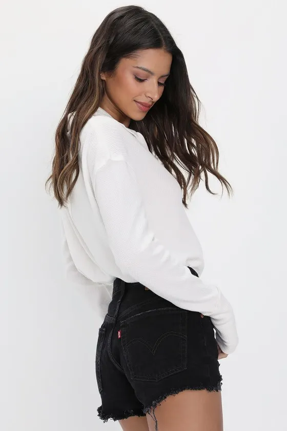 501 Original High-Rise Black Distressed Denim Shorts sold by Lulus product image thumbnail 3