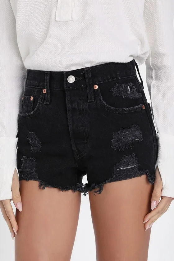 501 Original High-Rise Black Distressed Denim Shorts sold by Lulus product image thumbnail 4