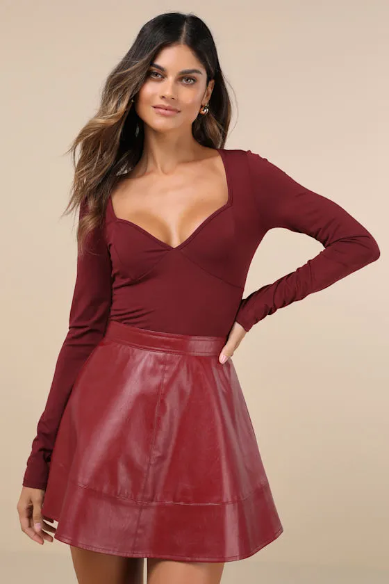 Modish Cutie Burgundy Vegan Leather High-Rise Skater Mini Skirt sold by Lulus