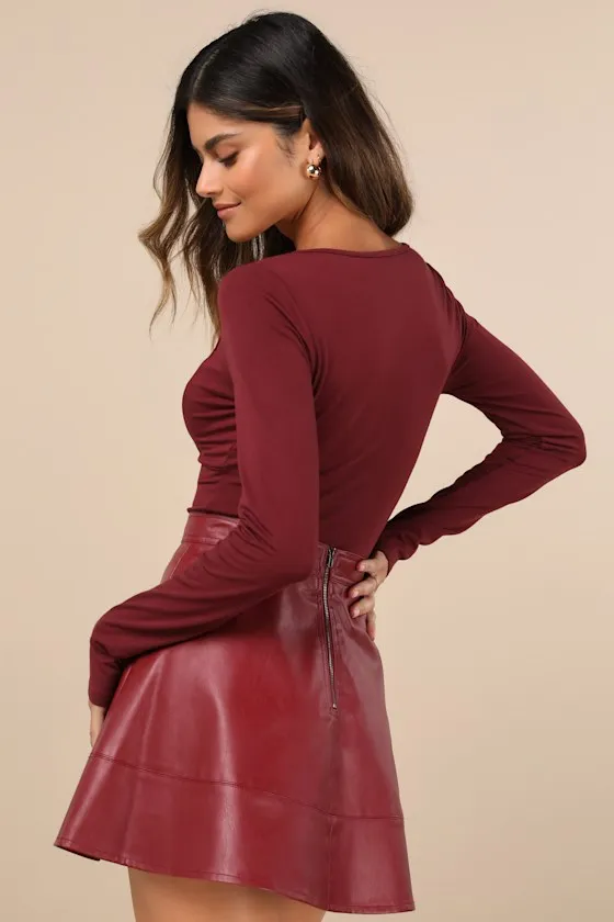 Modish Cutie Burgundy Vegan Leather High-Rise Skater Mini Skirt sold by Lulus product image thumbnail 2