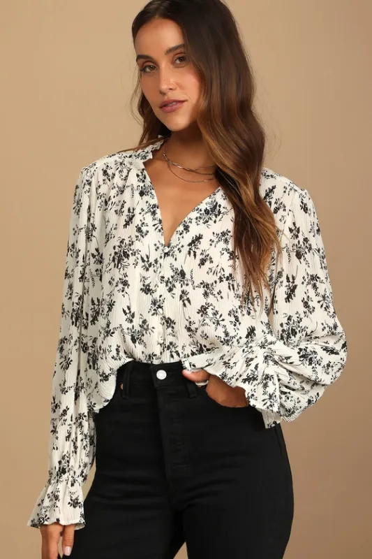 Keep Things Classy Beige Floral Print Button-Up Long Sleeve Top sold by Lulus