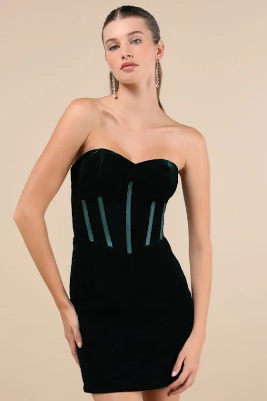 Poised Favorite Emerald Velvet Bustier Strapless Mini Dress sold by Lulus