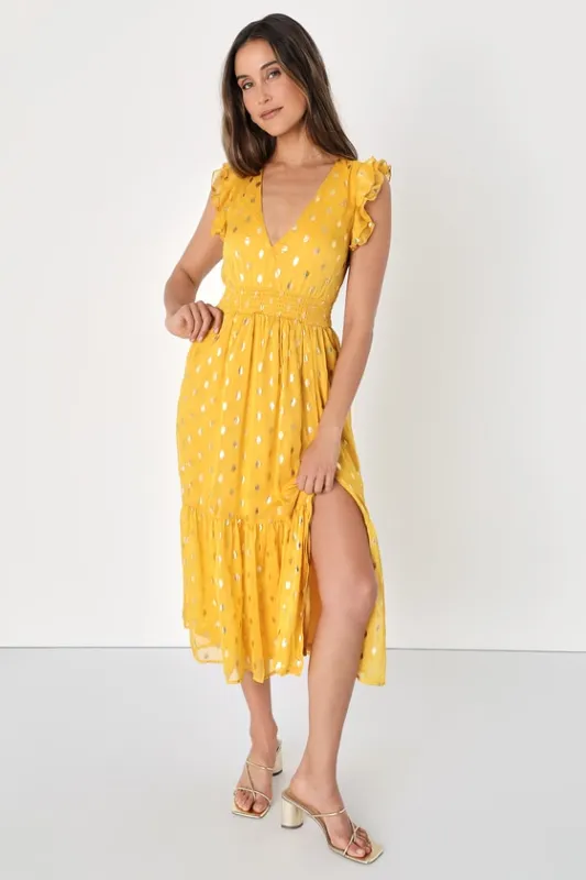 Cause to Celebrate Yellow and Gold Dot Ruffled Tiered Midi Dress sold by Lulus
