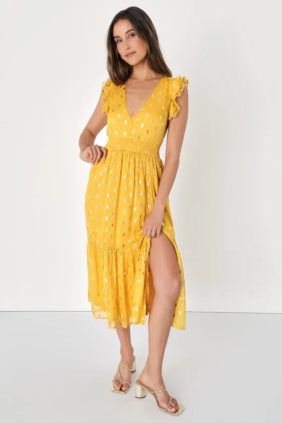 Cause to Celebrate Yellow and Gold Dot Ruffled Tiered Midi Dress sold by Lulus