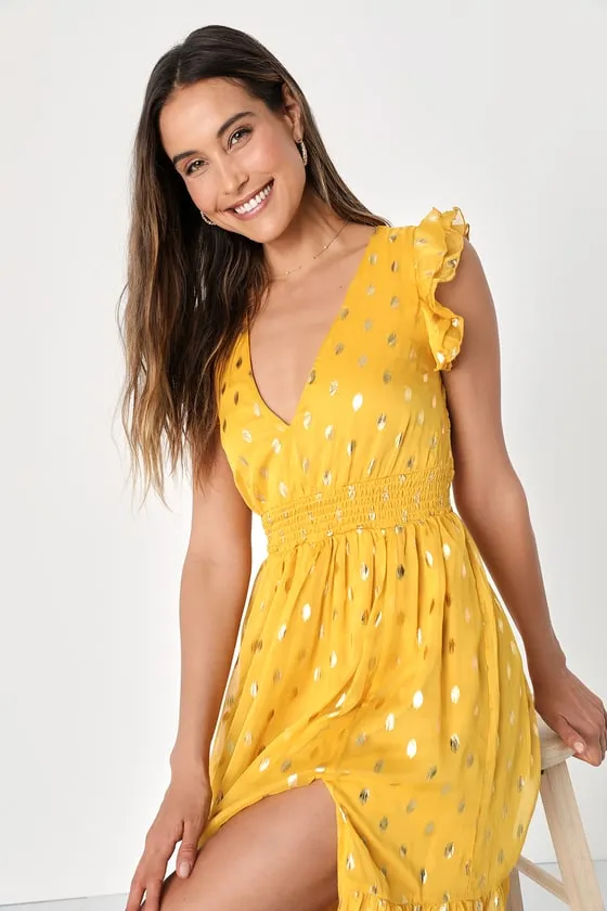 Cause to Celebrate Yellow and Gold Dot Ruffled Tiered Midi Dress sold by Lulus product image thumbnail 2