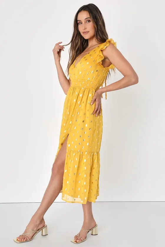 Cause to Celebrate Yellow and Gold Dot Ruffled Tiered Midi Dress sold by Lulus product image thumbnail 3