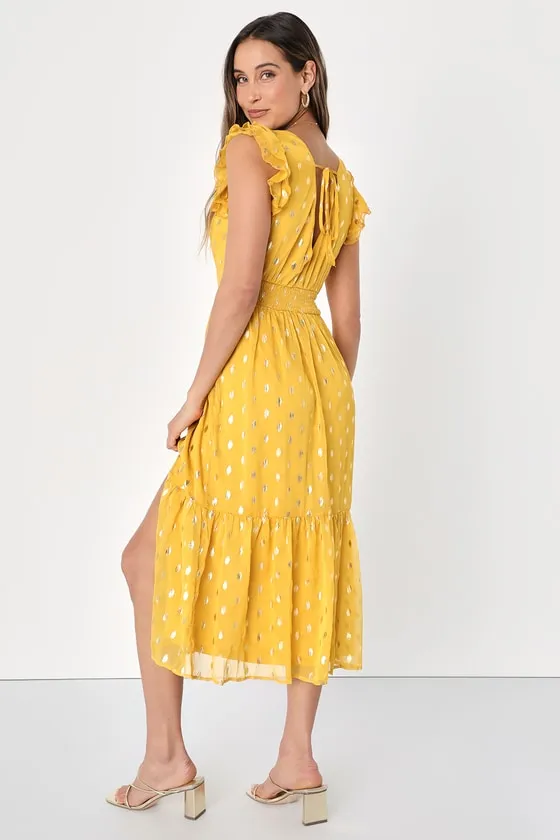 Cause to Celebrate Yellow and Gold Dot Ruffled Tiered Midi Dress sold by Lulus product image thumbnail 4