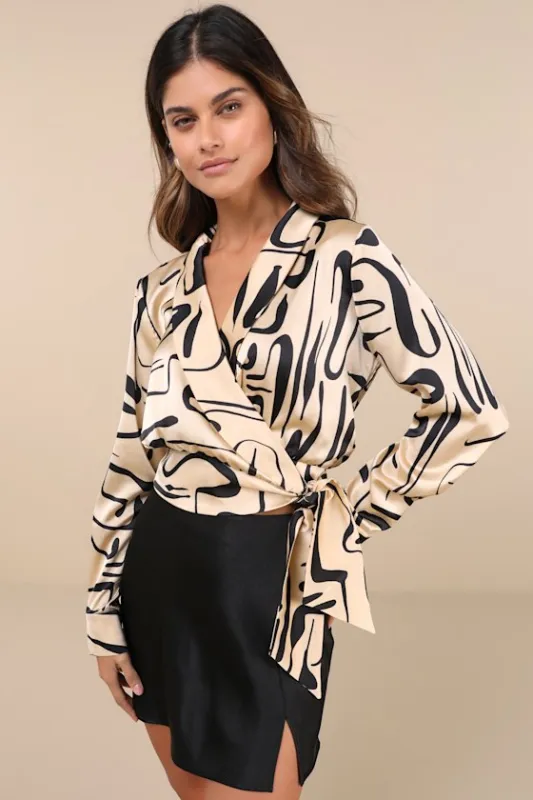 Artistic Inspiration Beige Abstract Print Satin Wrap Top made by Lulus