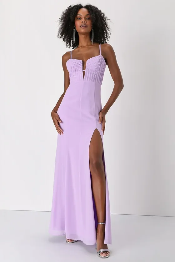 Sweetest Splendor Lilac Sleeveless Pleated Bustier Maxi Dress sold by Lulus