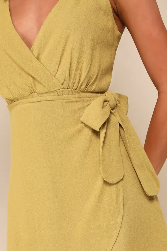 Effortlessly Airy Chartreuse Linen Faux Wrap Mini Dress sold by Lulus product image thumbnail 4