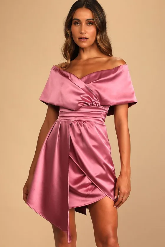 Always Celebrating Mauve Pink Satin Off-the-Shoulder Mini Dress sold by Lulus product image thumbnail 3