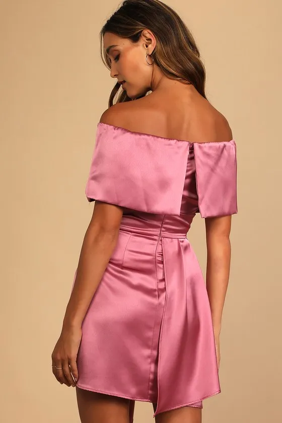 Always Celebrating Mauve Pink Satin Off-the-Shoulder Mini Dress sold by Lulus product image thumbnail 4