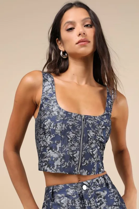Aesthetic Confidence Navy Jacquard Sleeveless Top sold by Lulus