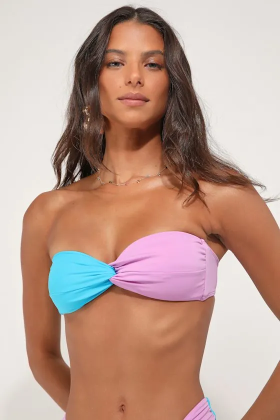 Paradise Awaits Lavender and Teal Color Block Bikini Top sold by Lulus