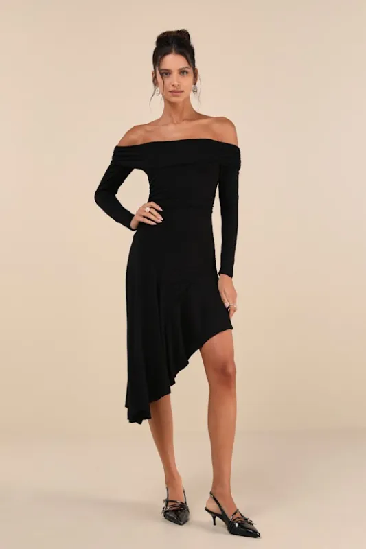 Classy Aura Black Off-the-Shoulder Asymmetrical Midi Dress sold by Lulus