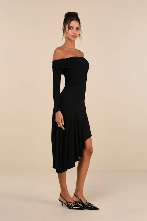 Classy Aura Black Off-the-Shoulder Asymmetrical Midi Dress sold by Lulus product image thumbnail 2
