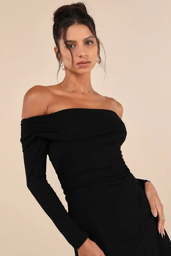 Classy Aura Black Off-the-Shoulder Asymmetrical Midi Dress sold by Lulus product image thumbnail 4
