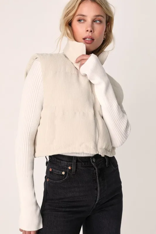 Cloud Nine Cutie Ivory Cropped Corduroy Puffer Vest sold by Lulus