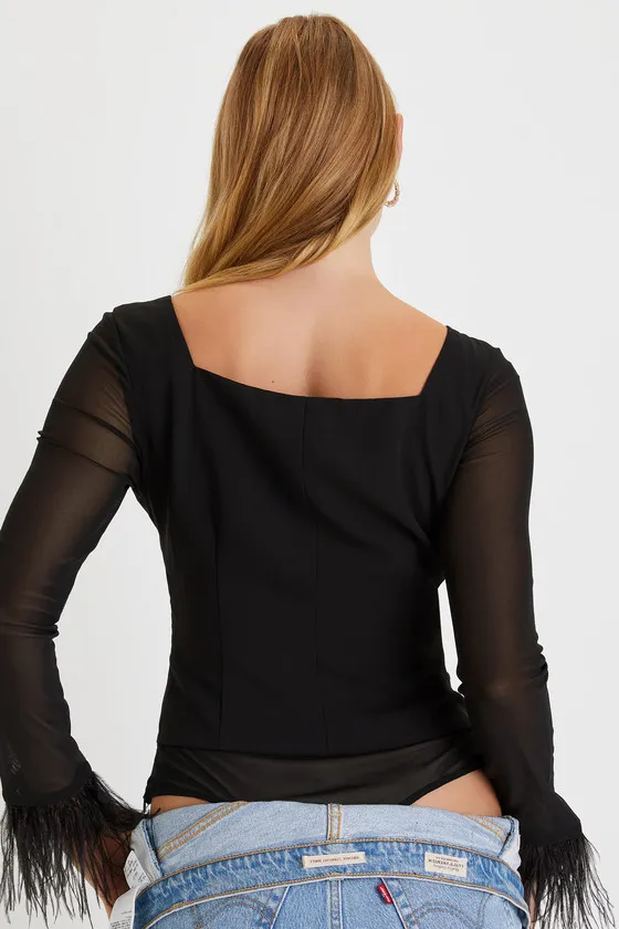 Effortlessly Luxe Black Feather Long Sleeve Bodysuit sold by Lulus product image thumbnail 3