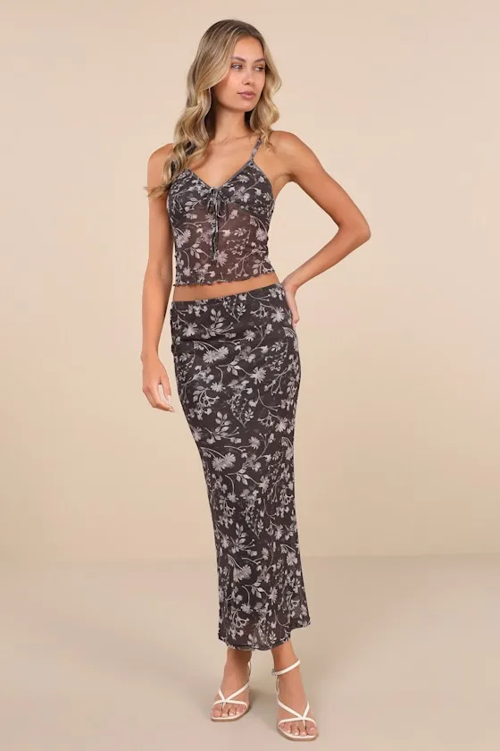 Spectacularly Cute Dark Grey Floral Mesh Maxi Skirt sold by Lulus