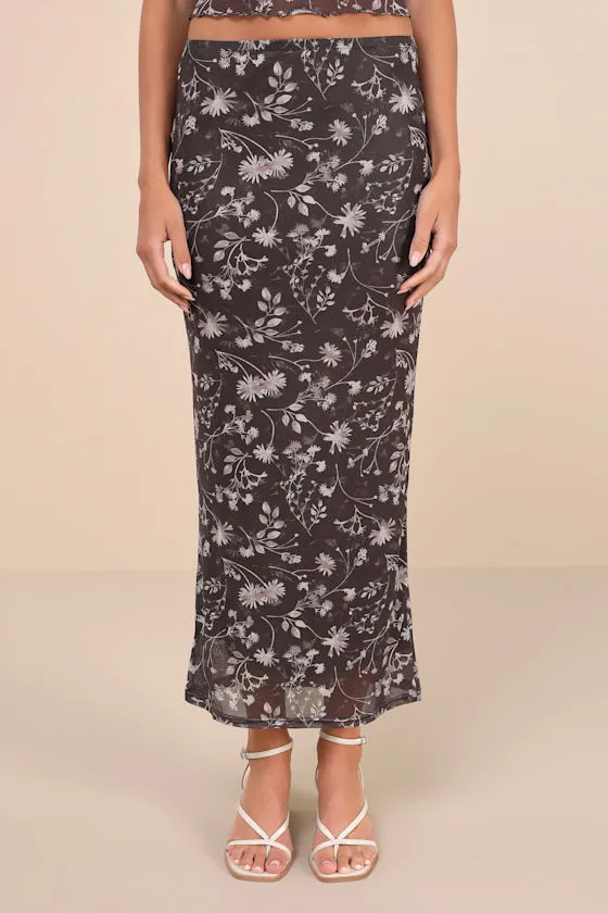 Spectacularly Cute Dark Grey Floral Mesh Maxi Skirt sold by Lulus product image thumbnail 2
