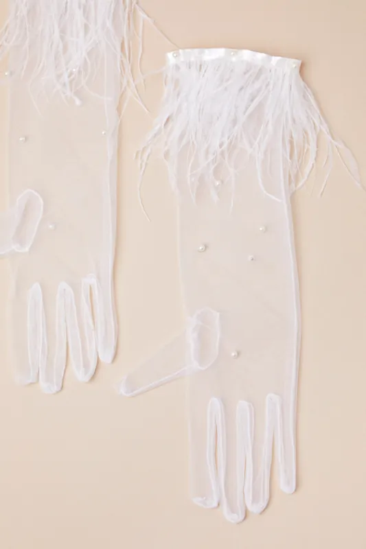 Zemma White Mesh Pearl Feather Gloves sold by Lulus